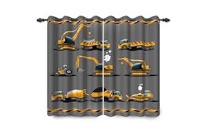 YONGFOTO 117x183cm Construction Truck Blackout Curtains Cartoon Excavator Yellow Kids Machinery Car for Living Room Children's Bedroom Window Drapes, 2 Panel Home Set With Holes, Black