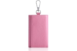 HUWEI Unisex Compact Leather Key Case Wallet Keychain Key Holder Ring with 6 Hanging Buckle Hooks Snap Closure, Pink
