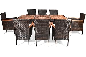 RELAX4LIFE 7/9PCS Patio Dining Set, Outdoor Rattan Furniture Set with Acacia Wood Tabletop, Stackable Chairs & Waterproof Cushions, Wicker Conversation Set for Backyard, Garden & Poolside (9PCS)