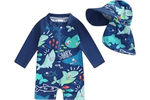 Loalirando Maillot de Bain Enfant Bébé Garçon de 2 Pièces Anti-UV, Combinaison Zippé à Manches Longues Imprimé + Chapeau à Large Bord