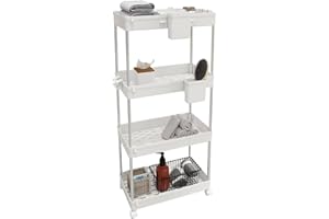 LYNCOHOME Rollwagen Küchenwagen mit 4 Ebenen, Küchenregal Nischenregal auf Rollen, Badregal Aufbewahrungswagen für Küche Badezimmer, mit 4 Haken+2 Behälter+Korbunterteilungen