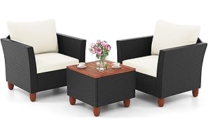 SFAREST 3 Pieces Rattan Bistro Set, Garden Furniture Set with Acacia Wood Storage Table & 4 Removable Cushions, Outdoor Wicker Conversation Table Chairs Set for Patio Poolside Balcony (White)
