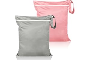 MAXMOC 2 Stück Nassbeutel,Wasserdicht Wäschesack,Wiederverwendbare Nasstasche Reise 36x30cm,Wetbag Schwimmsachen mit Reißverschluss,für Windeln Badeanzüge Strandtücher Schmutzige(Grau + Rosa)