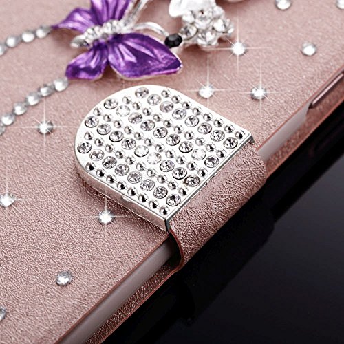 For iPhone 5s Case,L-FADNUT Bling Jewellery Crystal Rhinestone Flip PU Leather Case,3D Butterfly [Magnetic Diamond Buckle] with Stand Wallet Card Holder For iPhone 5/5s - Rose Gold