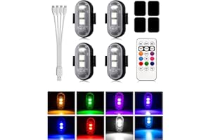 BrightArk Lot de 4 LED Lampe Stroboscopique pour Voiture Mini LED avec Télécommande sans fil 8 Couleurs Trois Luminosités et Chargement USB pour Drone, Vol de Nuit
