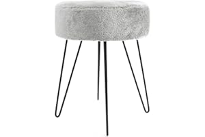 OHS Footstool Teddy Fleece, Dressing Table Stools for Bedroom Foot Rests for Living Room Hairpin Legs Makeup Vanity Stool Pouffe, Decorative Padded Fabric Grey