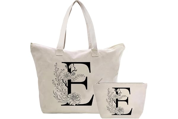 Toozen Sac Fourre-Tout en Toile avec Initiale Fleur, Personnalisés Sac Tote bag en Toile Coton Trousse de Maquillage, Idéal pour Mariage Anniversaire Noël, Cadeau pour Femmes Amis Maman Sœurs E