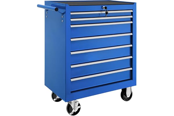 tectake® Chariot d'atelier Metallique Servante d'atelier Vide Trolley Professionnel 7 Tiroirs spacieux Verrouillables Chariot a Roulette pour Rangement Atelier Garage - Bleu