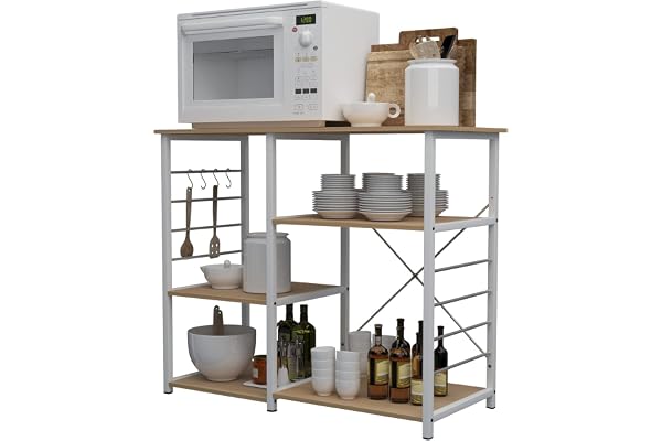 sogesfurniture Etagère de Cuisine en métal et Bois, Meuble Rangement Desserte de Cuisine Etagère pour Four à Micro-Ondes, Outils de Cuisine, avec 3 + 3 Tablettes, Érable&Blanc 171-MO-BH