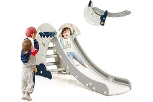 RELAX4LIFE Scivolo Pieghevole con Canestro per Bambini, Scivolo Lungo con Area Cuscinetto e Gradini Antiscivolo, Barriera con Luna e Nuvole, Centro Attività Interno ed Esterno, Multicolore (GRIGIO)