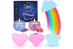 SUPERSUN 4 Rainbow Bath Bombs for Women/Kids Stocking Fillers, 2 Scented Candles Rose Lavender, Colourful Bubble Bath, Bath Spa Fizzies, Gifts Set for Christmas