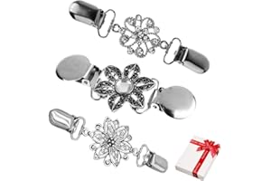 CHOLINCHIN 3 Stücke Damen Entenschnabel Cardigan Clip Pullover Clips mit Blumen Strass, Retro Silber Farbe Pullover Clips für Frau der Taille Kleid Kragenklammer Bluse Strickjacke Kleider Schal Jacke