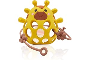 MUY PETIT MuyPetit Jirafa Mordedor y Sonajero Bebé de Silicona, Juegos bebes 6-12 meses para estimulación sensorial, Mordedor Fácil de Agarrar y Libre de BPA, Apto desde 0 Meses (Amarillo con bolita y correa)