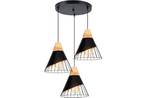 TOKIUS Suspension Luminaire Moderne Industrielle Bois Lustre Abat-jour Métal Vintage forme Cage Ø25cm Plafonnier E27 Design pour Cuisine Chambre Salon (3 lampes - Noir - base)