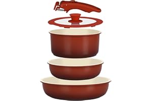 Gipp 5 Pezzi Set Di Pentole E Padelle Con Rivestimento Ceramico Antiaderente, Set Di Pentole Con Manici Staccabili, Atossiche Compatibili Con Induzione, Forno E Lavastoviglie, Sfumatura Rossa