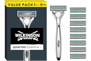 Wilkinson Sword Quattro Titanium Men's Razor for Sensitive Comfort, Great Addition to Wash Bags for Men's Grooming, Shavers for Sensitive Skin, 1 Reusable Razor Handle and 9 Refill Blades Pack