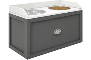 PawHut Gamelles Chiens Surélevées - Porte-gamelles surélevé Chat Rangement 2 en 1 - tiroir, 2 gamelles 2L - en Acier INOX. et Bois Blanc Gris