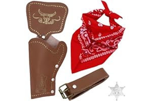 VEOIRXU 4 Pièces Cowboy Costume Accessoires Bandana de Cowboy Ceinture Holsters Badge en Métal Accessoires Déguisements pour Garçons et Filles pour Halloween Carnival Noel pour Enfant Jeu de Rôle et Soirée