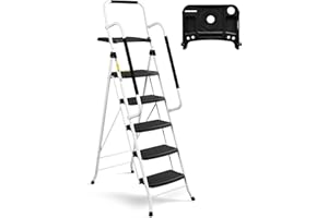 HBTower Escabeau Pliable à 5 marches avec Rampe, avec Plate-Forme à Outils, échelle Portable en Acier de 150 kg, pour Adultes, pour la Maison, la Cuisine, la bibliothèque, Le Bureau, Blanc
