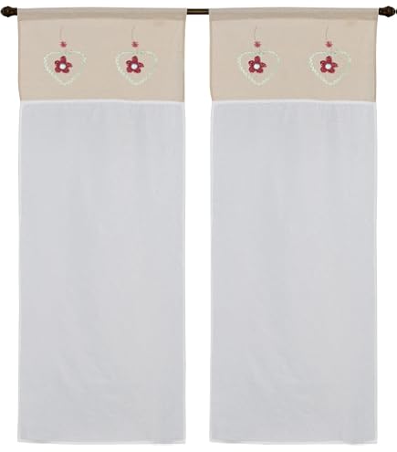emmevi Rideau de fenêtre porte intérieure 2 pièces cœur shabby chic modèle rideau brodé 1 lot de 60 x 240 beige