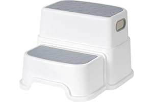 Budding Bear Sgabello Bimbi a 2 Gradini Bianco e Grigio - Sgabello Bambini Compatto e Portatile per Bagno, Cucina, Camera - Plastica PP Leggera, Base Antiscivolo - Gradino WC per Bambini