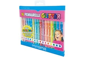 Mitama PENNARELLI Glitter TRIANGOLARI, Punta FINE, 8 Pastel + 8 Brillanti in Pet Box da 16 Pezzi