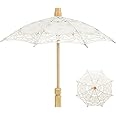 TOYANDONA White Wedding Parasol Umbrella, Lace Cotton Umbrella with Wooden Handle Crafted Flowers Embroidery Bridal Umbrellas for Weddings Photo Props Lady Costume