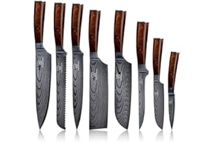 Küchenkompane - Edelstahl Messerset Kasshoku - 8-teiliges Küchenmesser Set - Kochmesser im Damast Design mit Epoxidharz Griff inkl. Geschenkbox - rostfreie & scharfe Messer - Designed in Germany