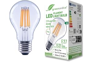 ‎GREENANDCO greenandco żarówka LED | przezroczysta | ściemnialna | E27 A60 | 7,2W 1521lm | zastępuje 100W | 3000K ciepła biel | 320° | 230V | bez migotania | klasa efektywności energetycznej A