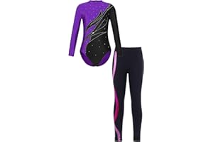 JanJean Kinder Mädchen Gymnastikanzug Langarm Turnanzug Ballettanzug mit Leggings Sport Hose Strass Tanzbody Gllitzer Turnbody Trainingsanzug