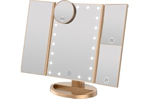 WEILY Specchio Trucco Illuminato, 21 LED e ingrandimento 1X / 2X / 3X, interruttore a sfioramento per la regolazione della luminosità, modalità doppia alimentazione Specchio triplo (Oro)