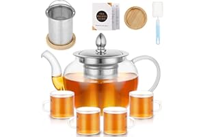 PluieSoleil Teapot with Infuse,600ml Glass Teapot infusers for Loose Tea,Clear Teapot Infuser with 304 Stainless Steel Tea Strainer,Tea Pots 4 Cups,1 Sponge Brush 1 Tea Infuser Saucer