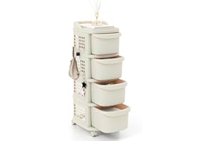 GIANTEX Rollwagen mit 3/4 Schubladen, Rollcontainer mit 6 Haken & 2 feststellbaren Rädern, mobiler Schubladenwagen für Werkzeuge, Dokumente (4 Schubladen)