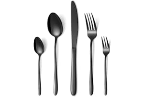 HONKKU Besteck Set Schwarz, 30 Teilig Edelstahl Besteckset für 6 Personen, Essbesteck Set mit Abendessen Messer, Gabeln und Löffeln für Zuhause/Restaurant/Party/Bankett, Rostfrei Spülmaschinenfest