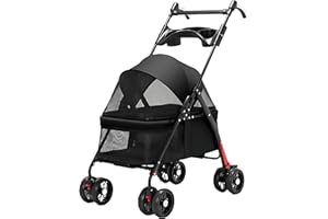 SUJOSAJU Cat Stroller Lightweight Pet Travel Stroller Foldable 4-Wheel Pushchair for Cats & Small Dogs, Includes Rain Cover & Cup Holder, Comfortable Trolley for Puppies, Ideal Dog Strollers & Pet Buggy Black