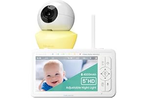 Babysense HDS2 Moniteur Vidéo pour Bébé avec Caméra et Audio, Babyphone 5" HD 720p, sans WiFi, Veilleuse Ajustable, Portée Étendue, Audio Bidirectionnel, Zoom 4X, Vision Nocturne, Batterie 4000mAh