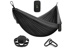 Grassman Camping Hängematte Doppel- und Einzelhängematte mit Baumgurten, leichtes Nylon Fallschirmhängematte Camping Zubehör Ausrüstung für Indoor Outdoor Rucksackreisen, Reisen, schwarz, Double