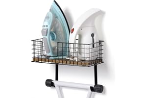 YBING Soporte para tabla de planchar y plancha para tabla de planchar con estante colgador de hierro con base de madera marrón cesta de almacenamiento y ganchos extraíbles para el hogar, lavandería, metal