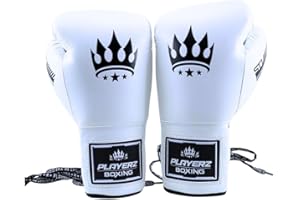 PLAYERZ BOXING EST 2020 Playerz SparTech Lace Boxing Gloves - Dual-Layered Foam Padding, Premium Microfibre, Vegan-Friendly, Sizes 10oz-16oz, for Sparring, Pad Work, and Bag Training - Classic White/Black