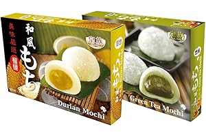 STARRY MART Royal Family Durian & Green Tea Flavour of Japanese Style Mochi Daifuku Sweet Rice Cake Desserts Snacks 6 Pieces 210g (Pack of 2) HALAL