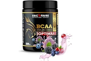 BCAA OPTIMAX POUDRE - Essentiel pour la Préparation, Récupération - Entraînements Efficaces, Performances Accentuées - HMB, Glutamine, Glycine, Vitamines - 330 Gr (Saveur Fruits des bois) - Eric Favre