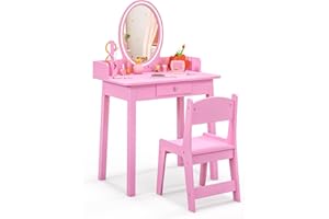 Maxmass Kids Vanity Table and Chair, Wooden Children Dressing Table with 2-Color LED Lights & Removable Mirror, Tree-Shaped Jewelry Organizer, Drawer, Princess Makeup Table for 3-8 Years Old (Pink)