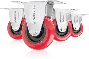POWERTEC 17207 3-Inch Fixed Polyurethane Plate Caster, Red, 4-Pack 3 Inch Wheels, Multicolor