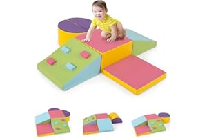 COSTWAY 6PCS Parcours Motricité Bébé en Mousse avec Housse en PU, Module Motricité Bébé avec Roches d’Escalade & Attaches à Crochets, Jouets Éducatifs pour Ramper Grimper, 12 Mois+ (Coloré)