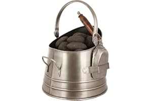 DIBOR Coal Scuttle Silver Finish Metal Fireside Bucket & Shovel Firepalce Kindling Log Basket