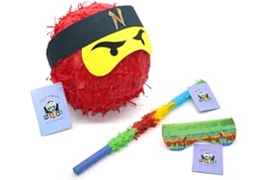 Nislai® Ninja Piñata SET | pentolaccia compleanno ninja bambini | festa dei ninja | pinata di compleanno | compreso Bastone e Maschera | colore da scegliere: verde, nero, blu, rosso (rosso)