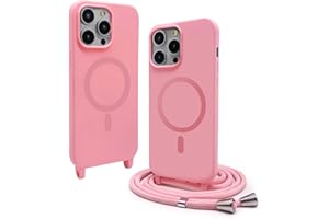 BGHHEU Mobile Phone Chain Case Compatible with iPhone 14 Pro Max with Strap, Mobile Phone Case Compatible with MagSafe, Removable Cord for Hanging, Silicone Case, Magnetic Mobile Phone Case, Pink