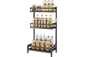 Mointal Soporte de Pie para Especia de Cocina, Estante Organizador de 3 Niveles para Almacenaje de Especias, Repisa para Condimentos Soporte para Frascos de Especias con 4 Ganchos, Negro