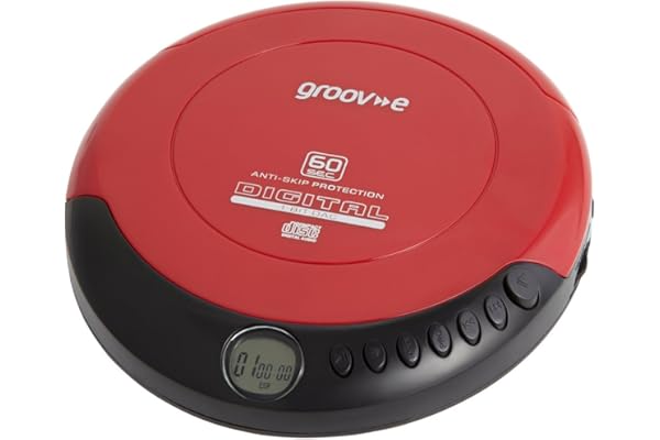 groov e Retro Lecteur CD Compact - Lecteur de Musique Personnel avec Lecture CD-R et CD-RW - Protection Anti-Saut, Pistes programmables - Écouteurs Inclus - Micro-USB ou à Piles - Rouge