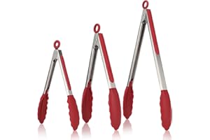U-Taste 17/22/30 cm Pinzas Cocina Silicona, con Puntas de Silicona de Alta Resistencia al Calor de 315 ℃, Mango de Acero Inoxidable 18/8, Para Ensalada, Barbacoa, Freír, Juego de 3 (Rojo)
